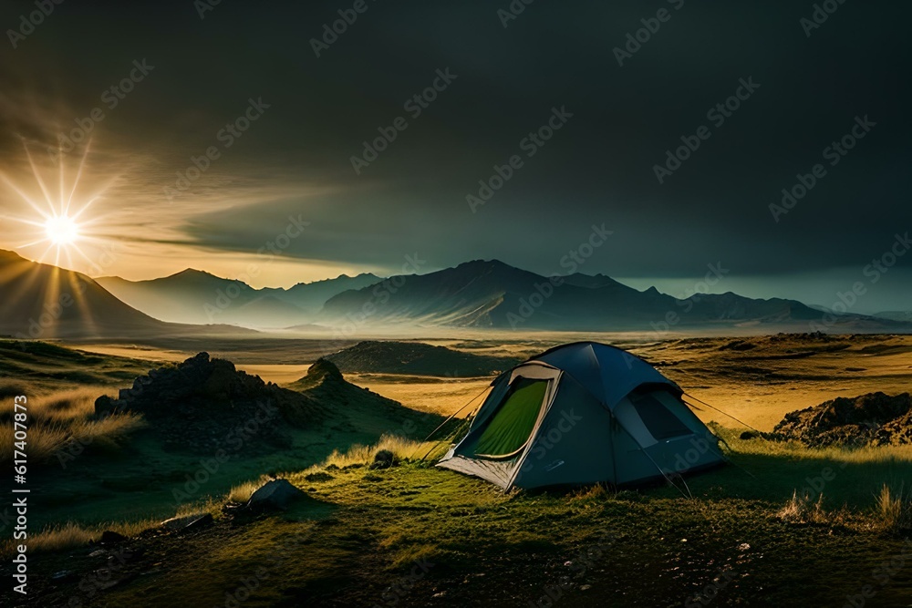 camping in the mountains at sunset