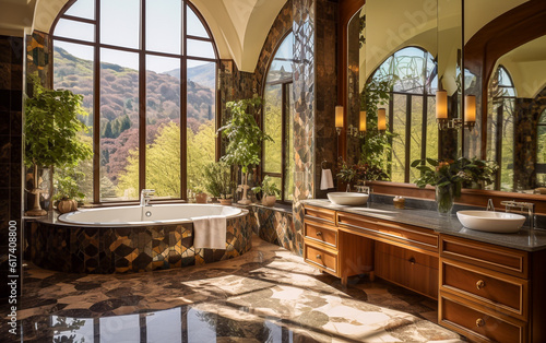 Interior design. Master bathroom, mix of classic and modern style. Very bright environment, stained glass windows show a mountain landscape