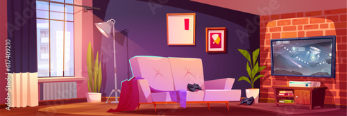 Modern room interior with video game on tv. Vector cartoon illustration of tidy apartment with couch, television screen on brick wall, abstract pictures in frames, morning cityscape view in window