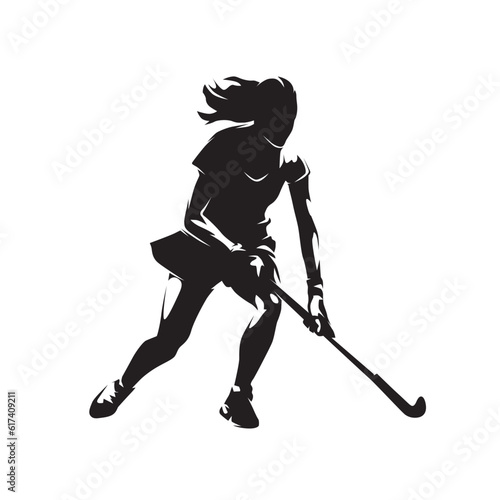 Female field hockey player, woman, isolated vector silhouette, ink drawing