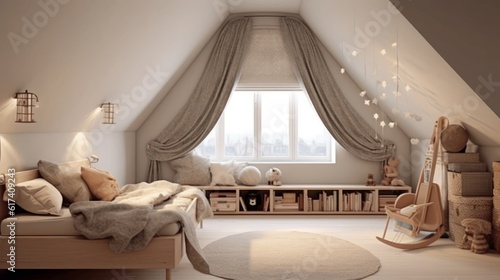 Children's room with Scandinavian influences in a minimalistic Setting. AI generated