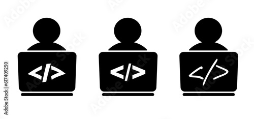 Cartoon tag, code icon. tags, HTML of XML, computer programmer or computer troubleshooting. Remote computer assistance. Browser, coding icon. Window, Api write code symbol. Software process. Help desk