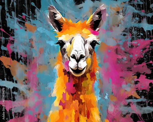 llama  form and spirit through an abstract lens. dynamic and expressive lama print by using bold brushstrokes, splatters, and drips of paint. llama raw power and untamed energy © PinkiePie