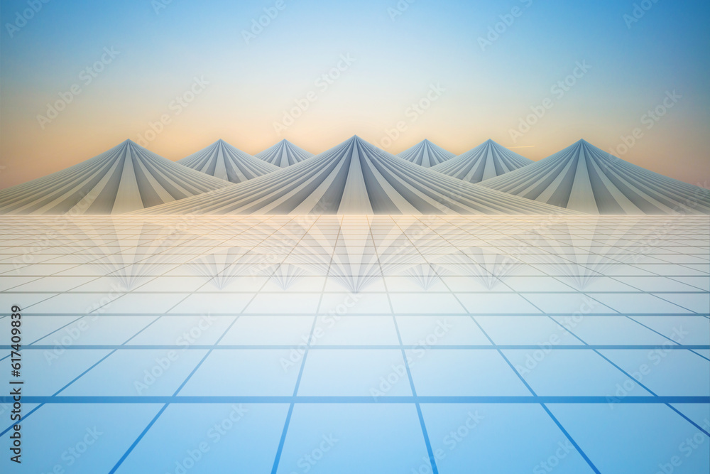 No One Square extends to the mountains with a reflection of the sunset landscape, rendered in 3D.