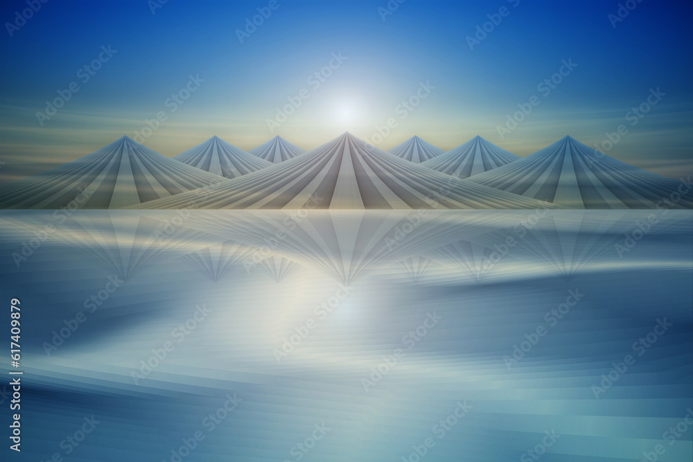 Sea mountains and reflected sunset landscape, 3D rendered