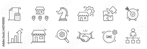 Business sme doodle icon set. Small, medium enterprise business hand drawn doodle sketch style icon. Local partnership, economic strategy, franchise concept. Vector illustration.