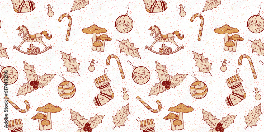 Christmas seamless pattern in red, yellow, tan beige on transparent background. Original illustration design for Christmas Eve or New Year celebration.