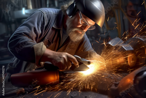 Skilled industrial worker grinding metal part