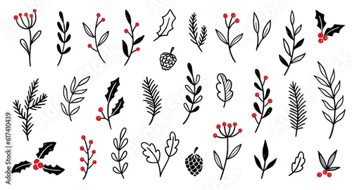Christmas plant leaf, flower set. Hand drawn doodle sketch holly floral, christmas tree leaves, winter branch elements. Holiday decoration, rustic wreath sketch doodle. Vector illustration.