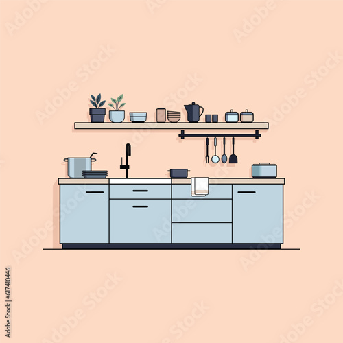 Flat illustration of modern kitchen interior with furniture, appliances and utensils, vector illustration