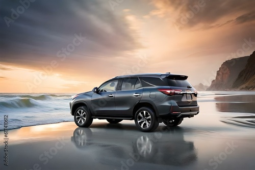 Generate an AI image of a black Fortuner car parked on a sandy beach with the waves crashing in the background © Muhammad