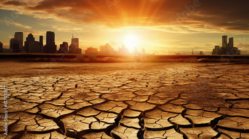 Dry land with cracks and city skyline at sunset.Climate change is causing a rapid transition to drought.El Nino Concept.