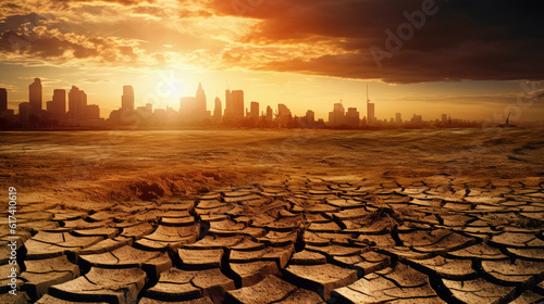 Drought land with city skyline at sunset. Global catastrophe Warning signs that humanity is nearing the end of the world.El Nino Concept.