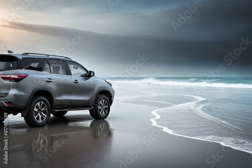 Generate an AI image of a black Fortuner car parked on a sandy beach with the waves crashing in the background