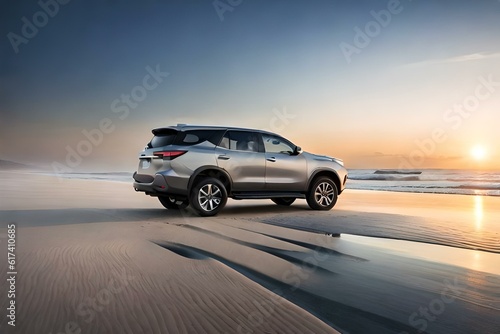 Generate an AI image of a black Fortuner car parked on a sandy beach with the waves crashing in the background © Muhammad