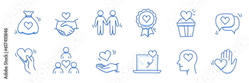 Community trust hand, social heart doodle line icon. Charity community, partnership care, people solidarity help concept icon set. Hand drawn doodle sketch style line. Vector illustration