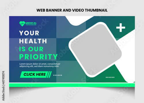 Healthcare or medical video thumbnail and web banner template design. Healthcare medical poster design. 