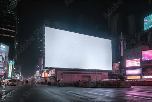 white blank billboard mockup at night in a futuristic neon city © Pedro