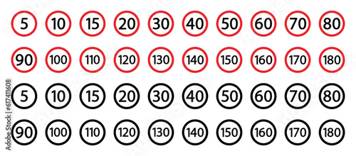 Speed limit icon. Set of red and black road signs 5-180 km/h. Vector illustration