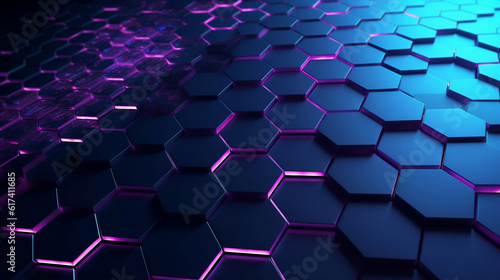 Black hexagon pattern illuminated shapes neon glow purple light, 3d illustration, digital, cyber security, innovation concept futuristic technology abstract background. Generative AI