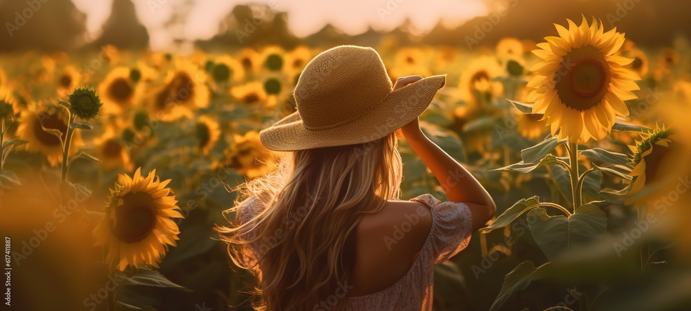 happy realized woman girl in a summer field of sunflowers - obrazy, fototapety, plakaty 