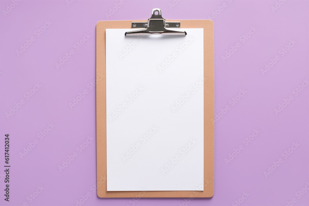 Clipboard with white empty paper on violet background Clipboard with white empty paper on violet background