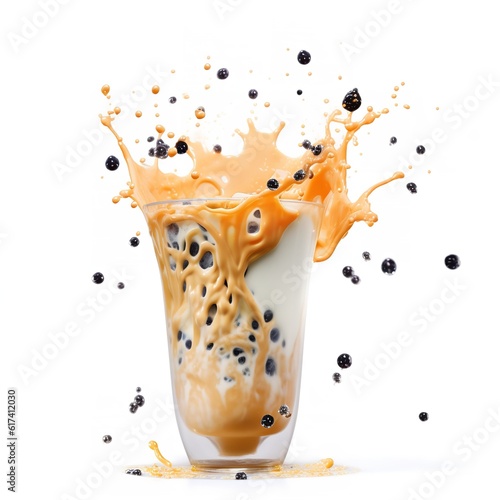 commercial photo of bubble tea boba splash isolated on white background png