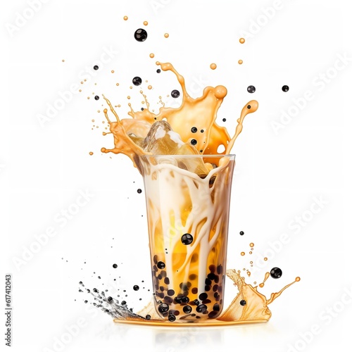 commercial photo of bubble tea boba splash isolated on white background png photo