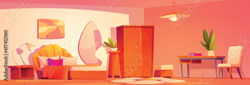 Groovy girl room interior with furniture cartoon background. Vector y2k bedroom with girly chamomile flower carpet, mirror and table with plant. Nobody sleep in bright hotel apartment illustration