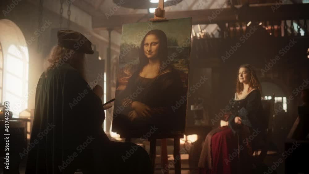 Representation of the Historical Moment of the Genius Leonardo Da Vinci Painting his Muse and Creating his Masterpiece, the Mona Lisa, in his Art Workshop. Pure Talent and Inspiration Put on Canvas Representation of the Historical Moment of the Genius Leonardo Da Vinci Painting his Muse and Creating his Masterpiece, the Mona Lisa, in his Art Workshop. Pure Talent and Inspiration Put on Canvas