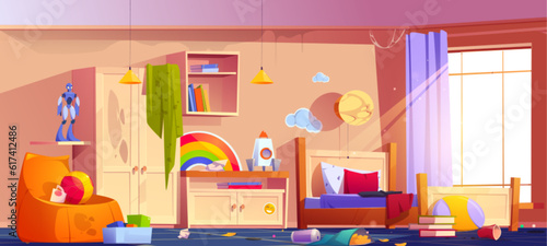 Messy teenagers room with dirty furniture. Vector cartoon illustration of untidy bedroom with cobweb on ceiling, junk food leftovers, paper cups, garbage and toys scattered on floor, stained blanket