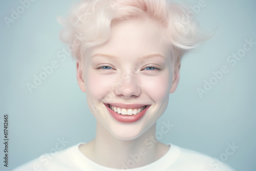 Portrait of happy woman with white hair and white lashes caused by Albinism photo