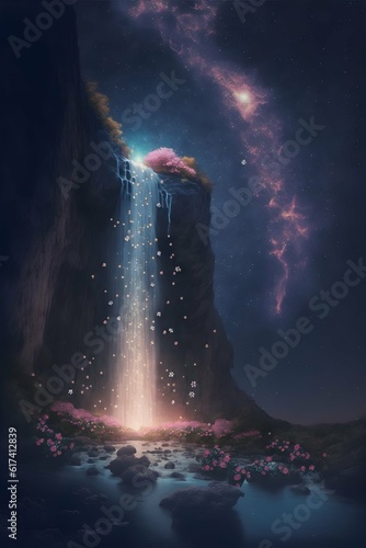 enchanted waterfall falling from night sky surrounded by tiny flowers cosmic sky soft colors shimmer glowing lights magical highly detailed photo realisitc octane render 