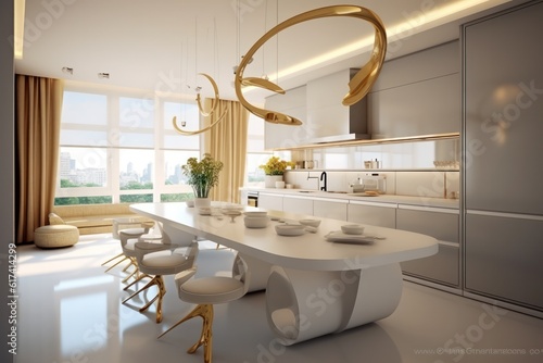 High-End Modern Kitchen with luxurious furniture and finishings. Large island with dining and sleek design © aboutmomentsimages
