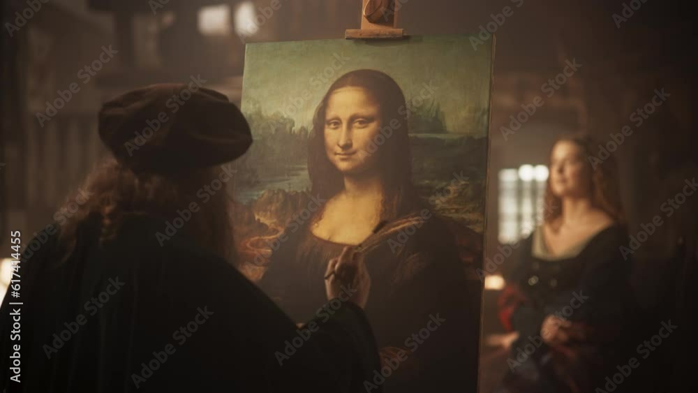 Re-enactment Documentary Scene for The Process of the Creation of the Mona Lisa Painting: The Genius Leonardo da Vinci Making the First Layer of Shadow in his Masterpiece on Canvas in his Art Workshop