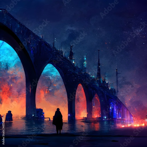 dark blue glow night archways bridges towers maximalist spectacular details 8K c Fototapeta