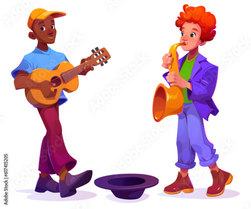 Male street musicians playing guitar and saxophone isolated on white background. Vector cartoon illustration of two talented young men performing song to raise money in hat, enjoying creative hobby