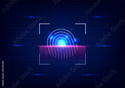 Cyber security and cyber crime concept. Scanning electronic thumb fingerprint on futuristic technology abstract background. Digital protection data. Hacker protection.