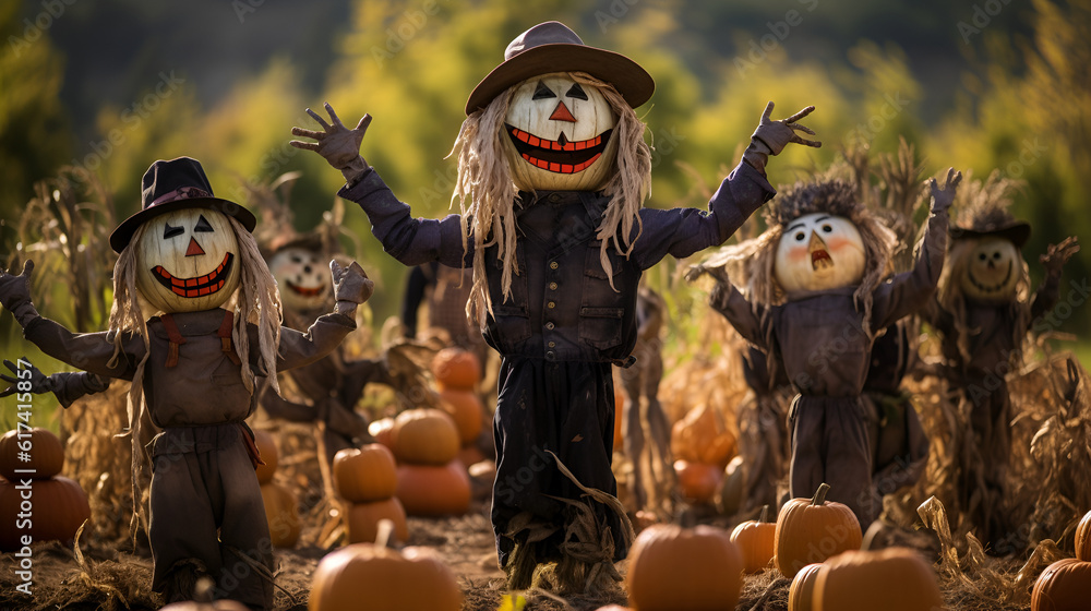 Scary halloween scarecrows in hats on a field. AI illustration. Spooky Halloween night holiday concept. Halloweens background.