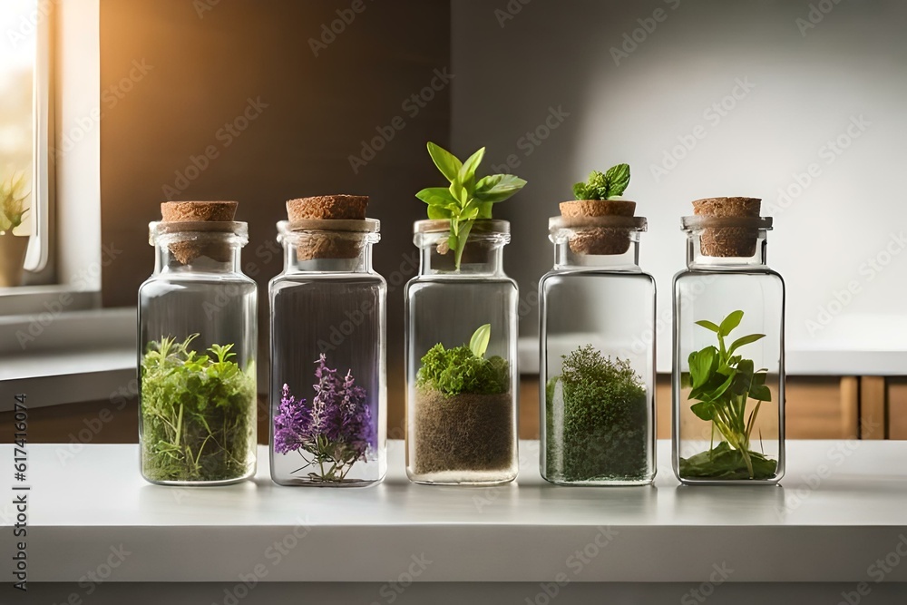An assortment of colorful herbs, including basil, mint, and rosemary, thriving in glass bottles filled with water, creating a stunning and functional herb garden on a kitchen windowsill. - obrazy, fototapety, plakaty 