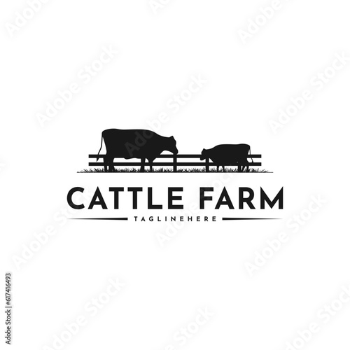 Vintage Retro Cattle Farm Grass logo design