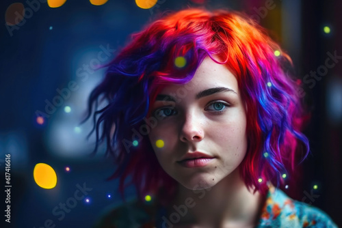Adorable Girl with Purple Hair. Generative AI