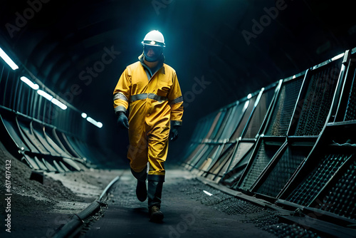 worker no face with helmets and uniforms walking in a dark tunnel