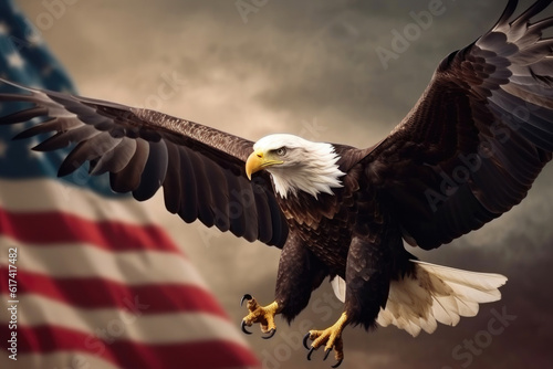Eagle Flying with the American Flag. Generative AI