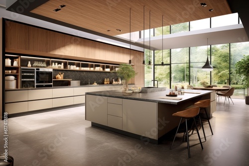 3D Render of a High-End Kitchen with Modern Design  Luxurious Finishes