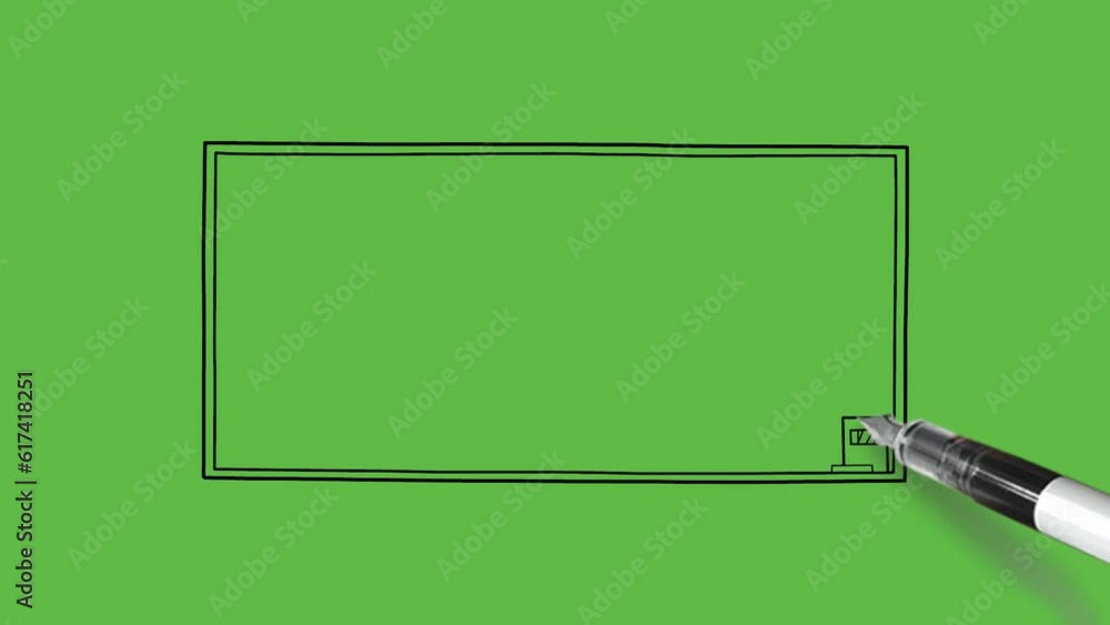 draw rectangle shape blank green board with chalk box in right corner with black outline on