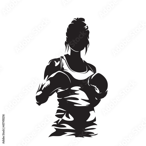 Boxing, female boxer, isolated vector silhouette, ink drawing, front view
