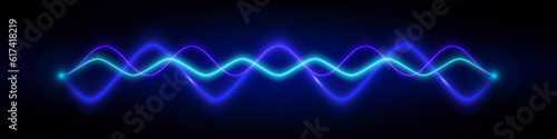 Blue neon audio sound voice wave pulse light. Abstract radio electronic music frequency vector effect background. Vibrant track equalizer waveform, blurred curve graph illustration.