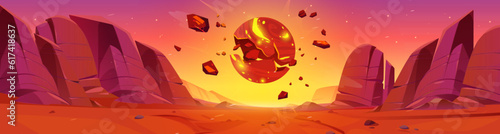 Asteroid explosion in mars desert planet space landscape. Alien martian red sand surface with fireball burst in sky cartoon vector illustration. Magic galaxy videogame 2d horizon with destruction