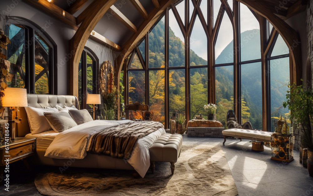 Interior design. Master bedroom, mix of classic and modern style. Very bright environment, glass windows show a mountain landscape